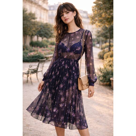 maje long sleeve dress Maje Women's A-line Medium Blue Polyester Long Sleeve Pleated Dress (2) main image 0